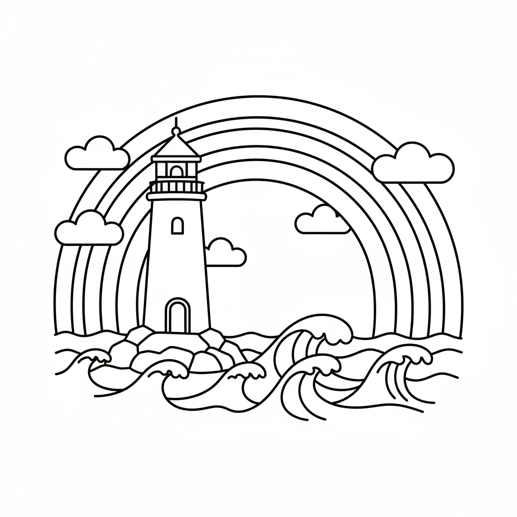 Regnbåge syns vid en fyr vid havet
