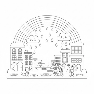 Regnbåge ovanför en regnig gata