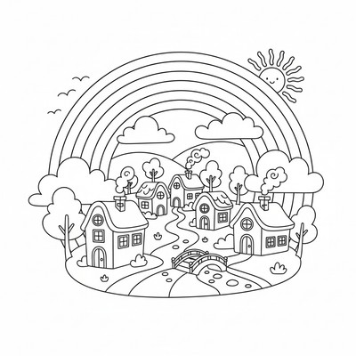 Regnbåge syns ovanför en by