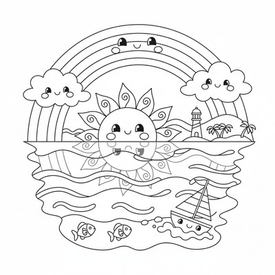 Regnbåge möter solnedgång vid havet