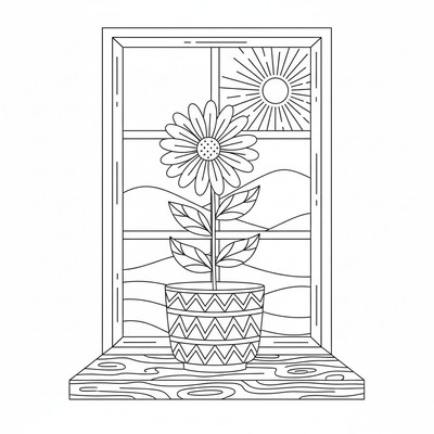 Blomma växer i en kruka på fönsterbräda