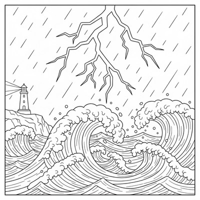 Blixt lyser upp havsvågor