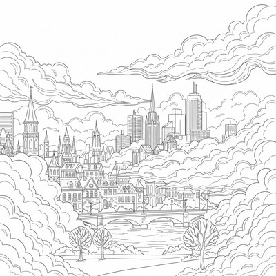 Moln täcker en stad i dimma