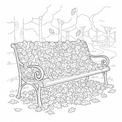 Löv täcker en bänk i parken