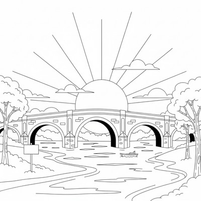 Solnedgång bakom en bro