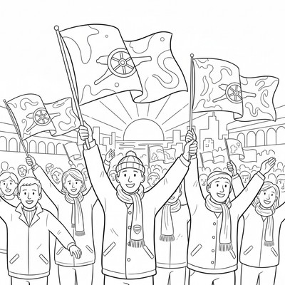 Arsenal supportrar viftar med flaggor i kvällsljus