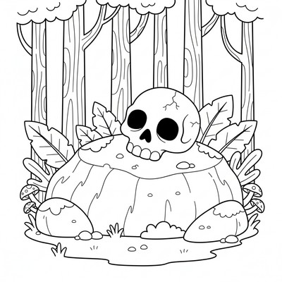 Dödskalle ligger på en sten i skogen