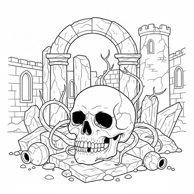 Dödskalle ligger vid en ruin