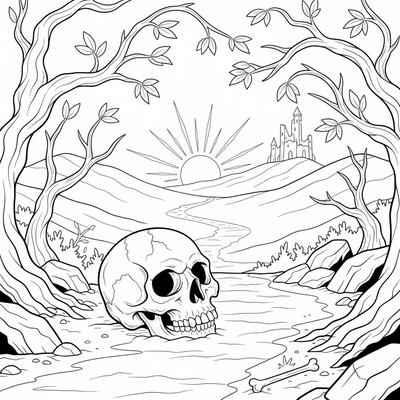 Dödskalle ligger på en öde stig