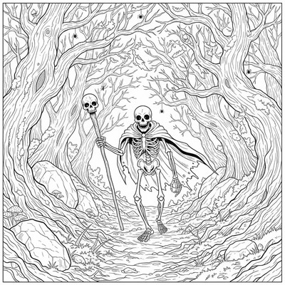 Skelett går genom en mörk skog