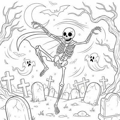 Skelett dansar på en kyrkogård