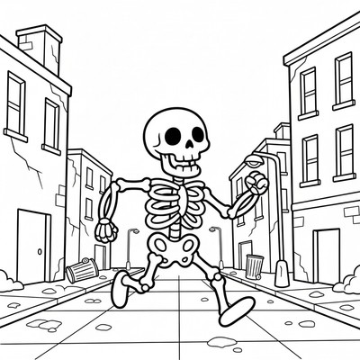 Skelett springer genom en öde gata