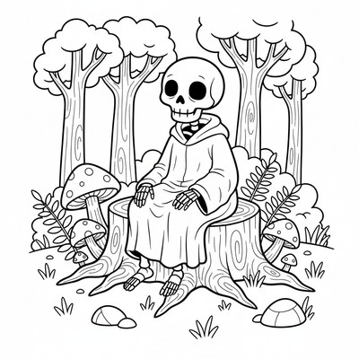 Skelett sitter på en stubbe i skogen