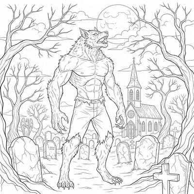 Varulv står vid en kyrkogård
