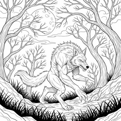 Varulv springer genom en mörk skog