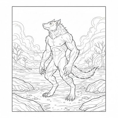 Varulv står vid en sjöstrand i dimma