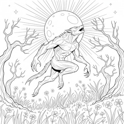 Varulv springer över en äng i natten