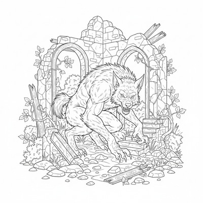 Varulv gömmer sig bland husruiner