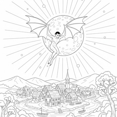 Vampyr flyger över en by i månsken