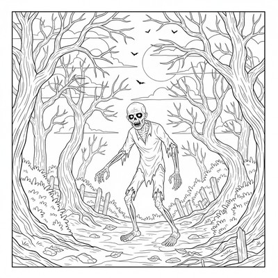 Zombie går genom en mörk skog