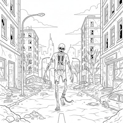 Zombie vandrar genom en öde gata