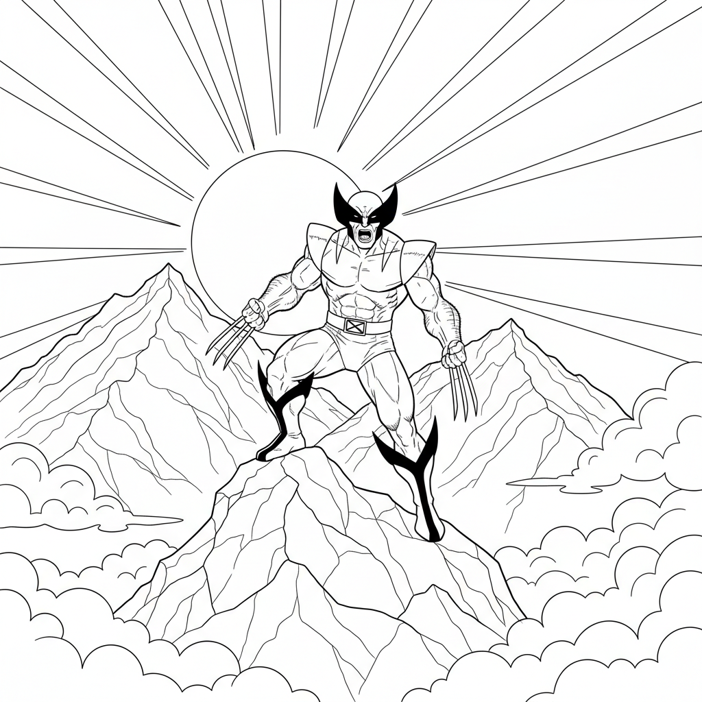 Wolverine står på ett berg i gryningen