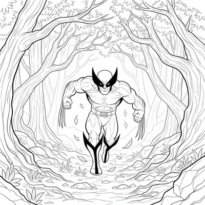 Wolverine springer genom en mörk skog