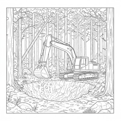 Grävmaskin gräver en stor grop i skogen