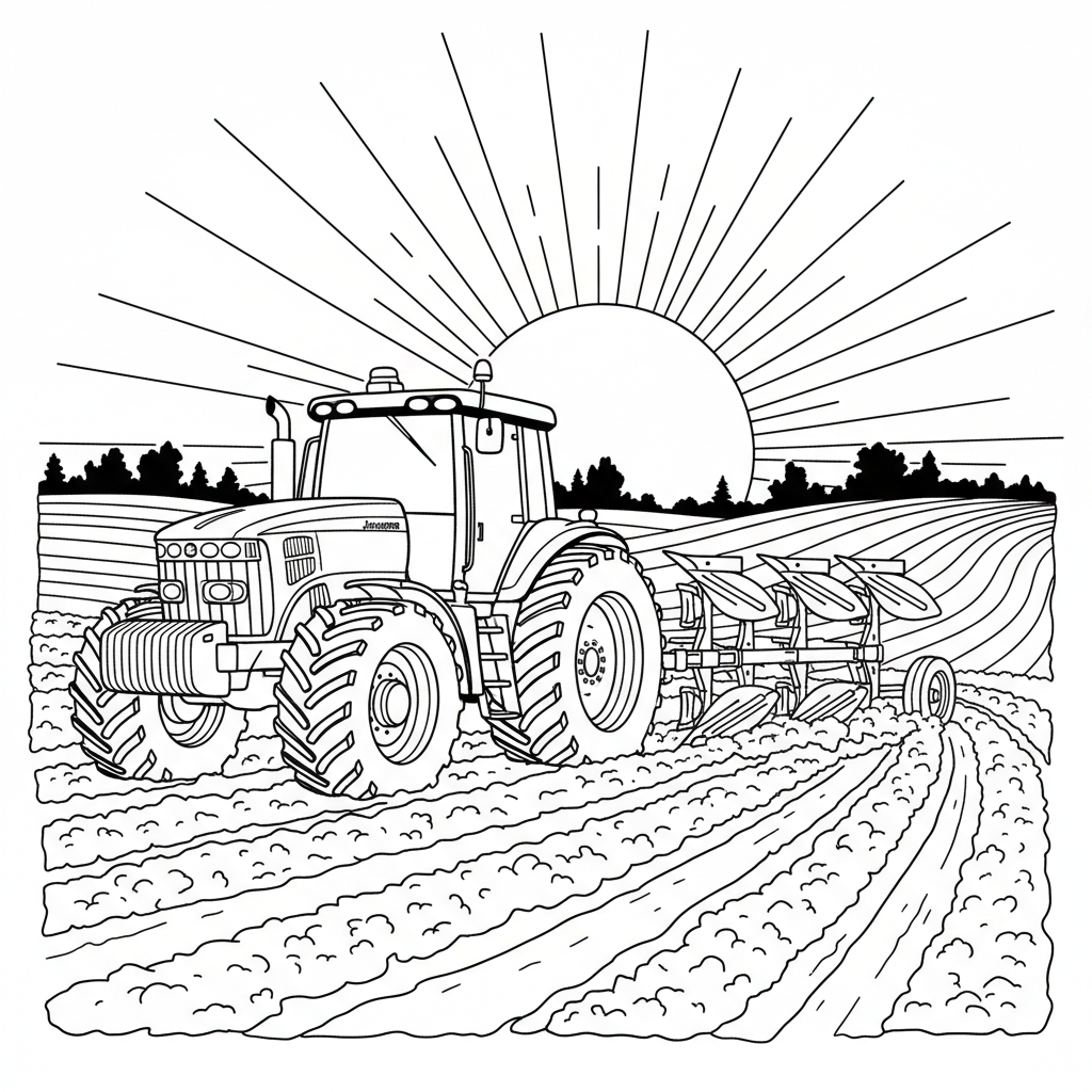 John Deere traktor plöjer jorden i solnedgång