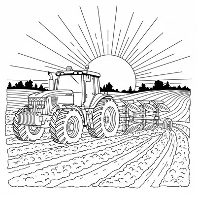 John Deere traktor plöjer jorden i solnedgång
