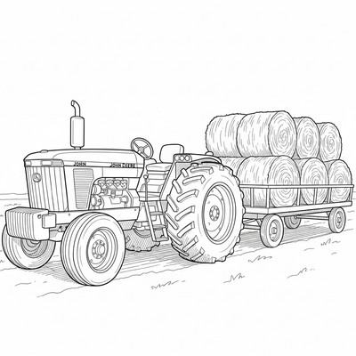 John Deere traktor drar en vagn med höbalar