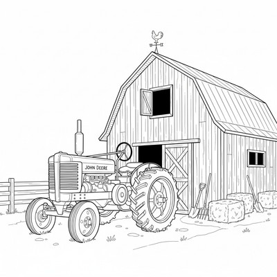 John Deere traktor står vid en lada