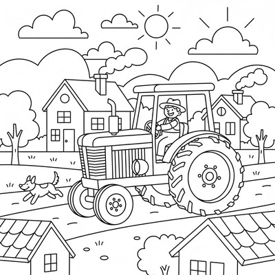 John Deere traktor kör genom en by