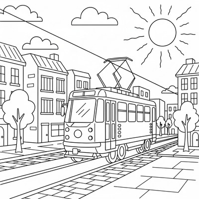 Spårvagn kör genom en stadsgata i solsken