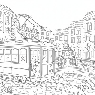 Spårvagn stannar vid ett torg