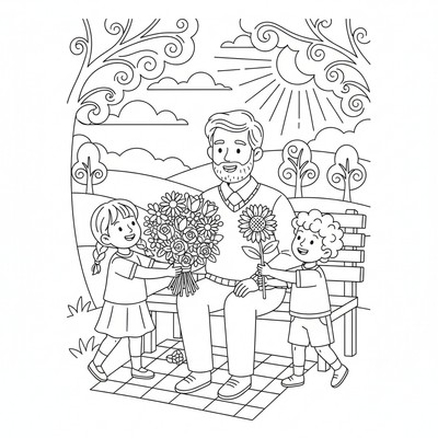 Fars dag med barn som ger blommor