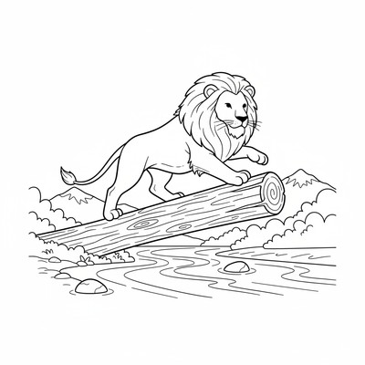 Lejon som balanserar på en stock över en flod