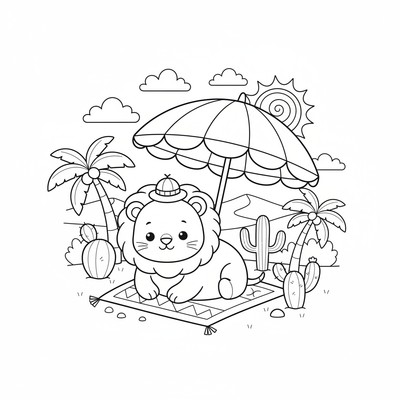 Lejon som vilar under ett parasoll i öknen