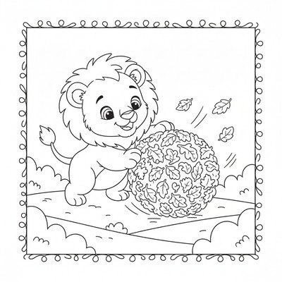 Lejonunge som leker med en boll av löv