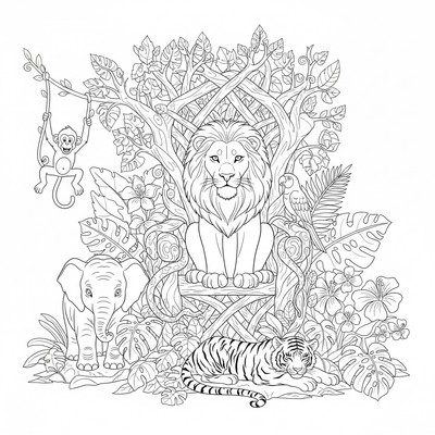 Lejon som sitter på en tron av grenar, med djungeldjur runtom