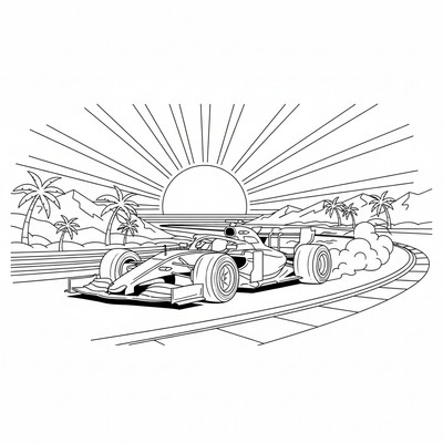 Formula 1 bil kör i solnedgång