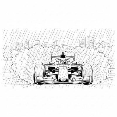 Formula 1 bil kör i regn med vattensprut