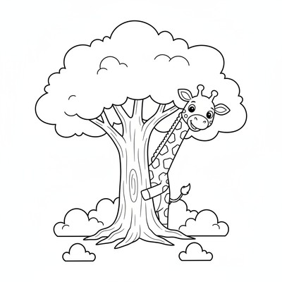 Giraff som leker kurragömma bakom ett träd