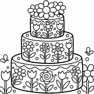 Tårta dekorerad med färgglada blommor