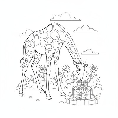 Giraff som dricker ur en liten fontän