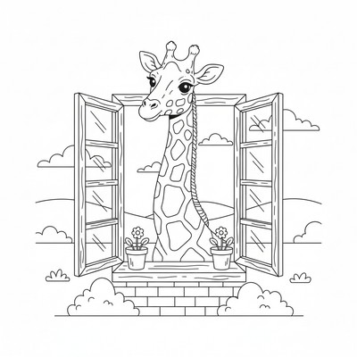 Giraff som sticker in huvudet i ett fönster