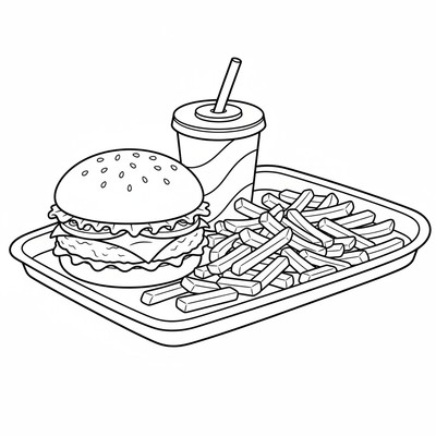 Snabbmat hamburgare med pommes på bricka