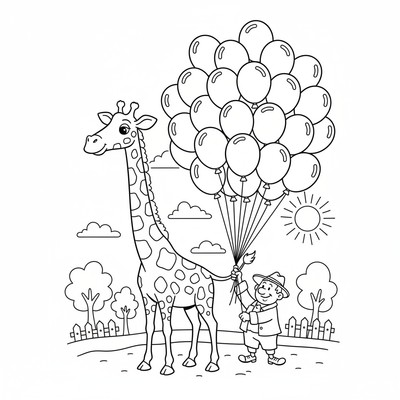 Giraff som får ballonger knutna till svansen