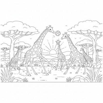 Giraffer som spelar fotboll på savannen