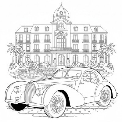 Bugatti står parkerad framför lyxhotell